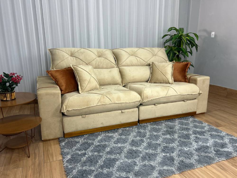 Sofá Retrátil Reclinável Pleno 2.10m Veludo Bege – Molas Ensacadas - Imagem 7