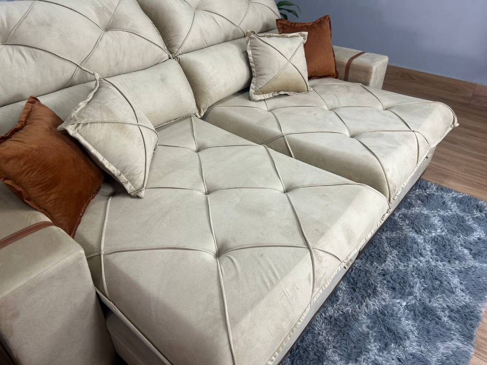 Sofá Retrátil Reclinável Pleno 2.10m Veludo Bege – Molas Ensacadas - Imagem 8