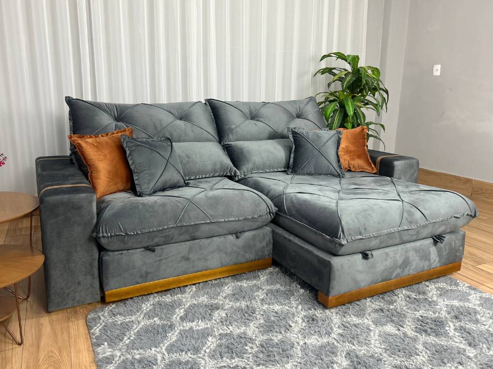 Sofá Retrátil Reclinável Pleno 2.10m Veludo Cinza – Molas Ensacadas