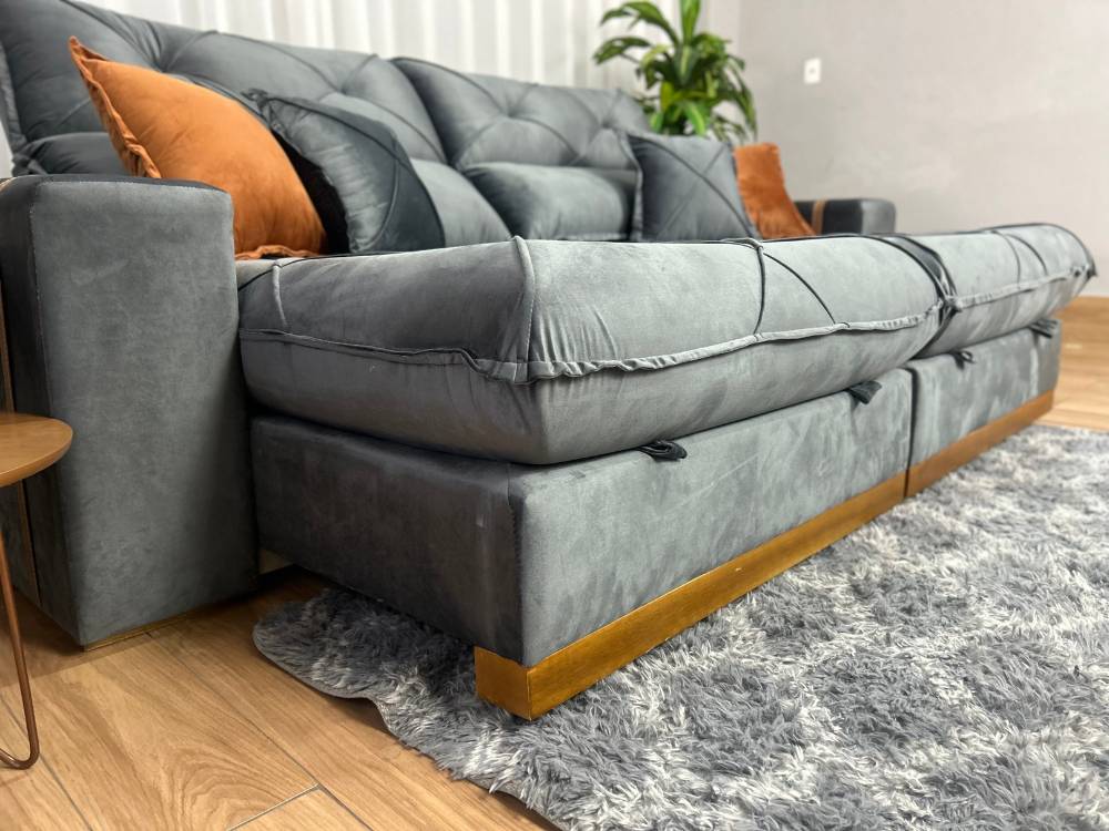Sofá Retrátil Reclinável Pleno 2.10m Veludo Cinza – Molas Ensacadas - Imagem 2