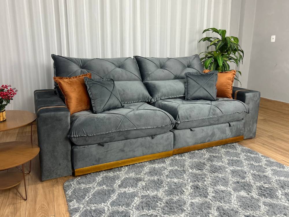 Sofá Retrátil Reclinável Pleno 2.10m Veludo Cinza – Molas Ensacadas - Imagem 3