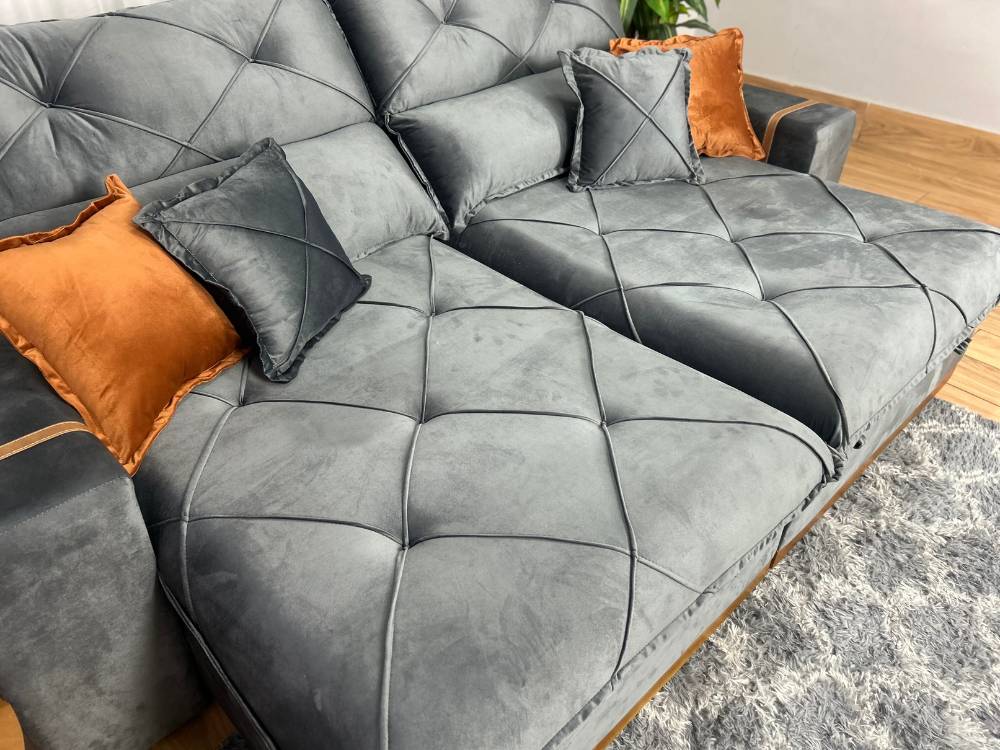 Sofá Retrátil Reclinável Pleno 2.10m Veludo Cinza – Molas Ensacadas - Imagem 6