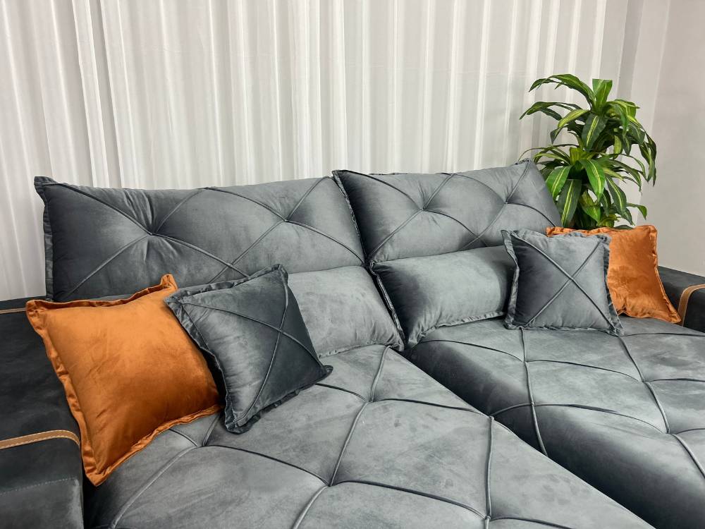 Sofá Retrátil Reclinável Pleno 2.10m Veludo Cinza – Molas Ensacadas - Imagem 9