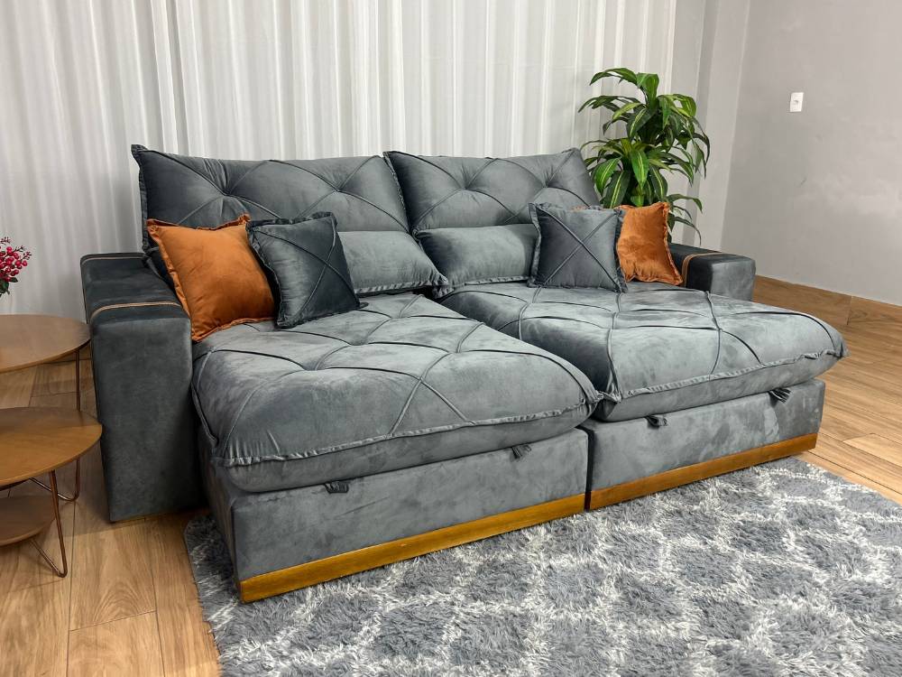 Sofá Retrátil Reclinável Pleno 2.10m Veludo Cinza – Molas Ensacadas - Imagem 8