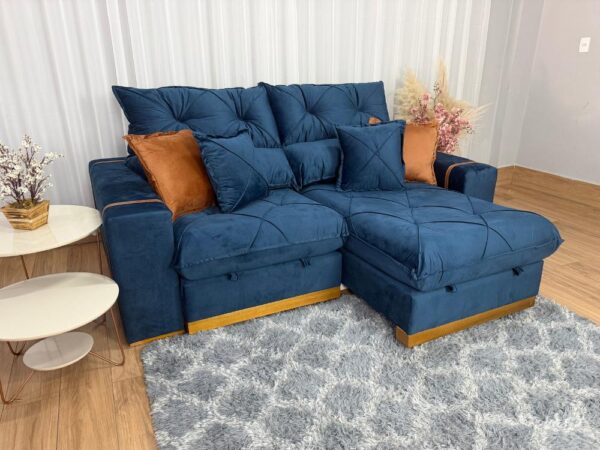 Sofá Retrátil Reclinável Pleno 2.10m – Azul Veludo Molas Ensacadas D33