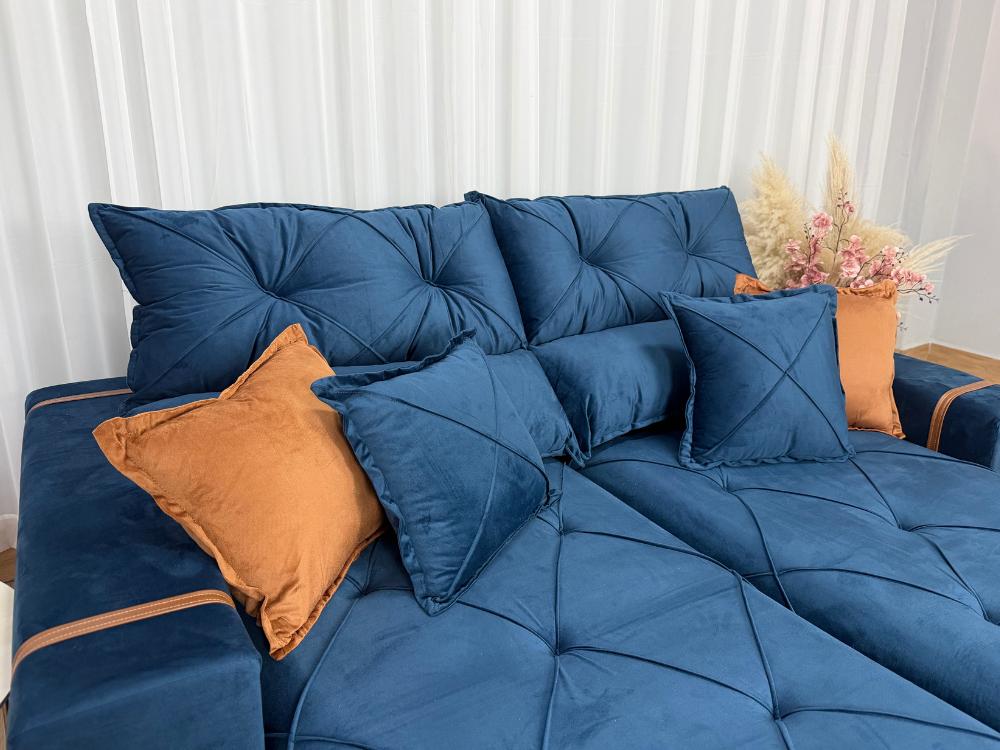 Sofá Retrátil Reclinável Pleno 2.10m – Azul Veludo Molas Ensacadas D33 - Imagem 2