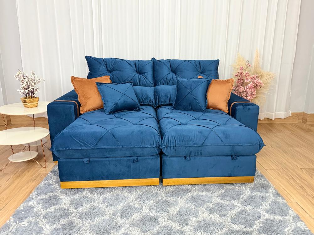 Sofá Retrátil Reclinável Pleno 2.10m – Azul Veludo Molas Ensacadas D33 - Imagem 5