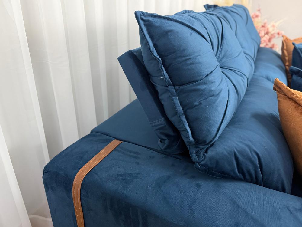 Sofá Retrátil Reclinável Pleno 2.10m – Azul Veludo Molas Ensacadas D33 - Imagem 6