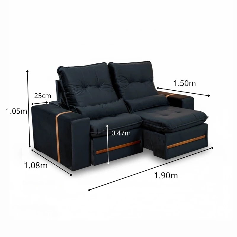 Sofá Retrátil Reclinável Montreal 1.90m Veludo Preto - D33 - Imagem 10