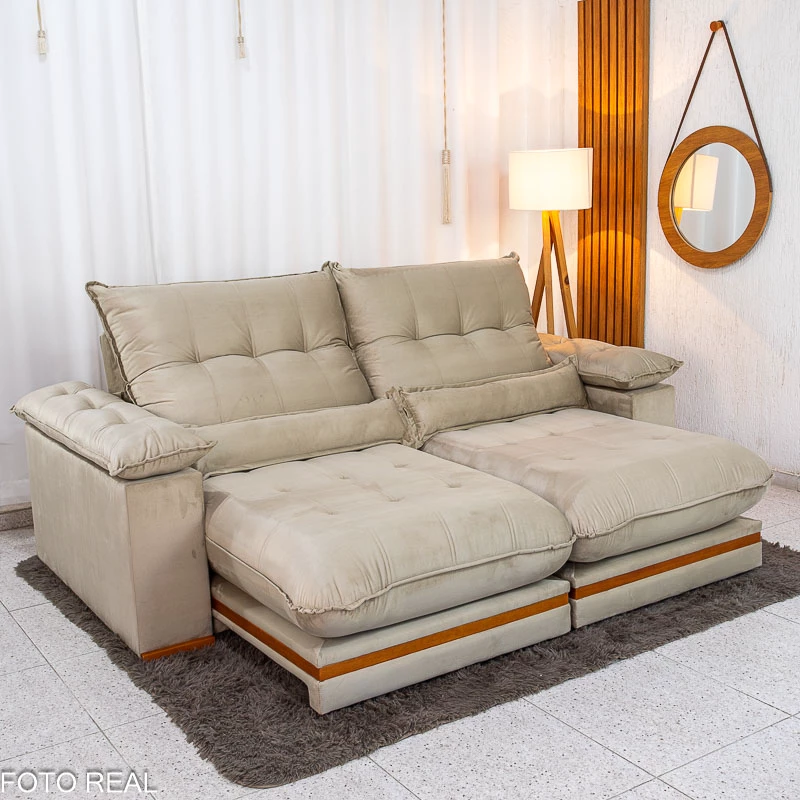 Sofá Retrátil Reclinável Ibis 2.30m Veludo Bege 818 D33 e Molas Ensacadas