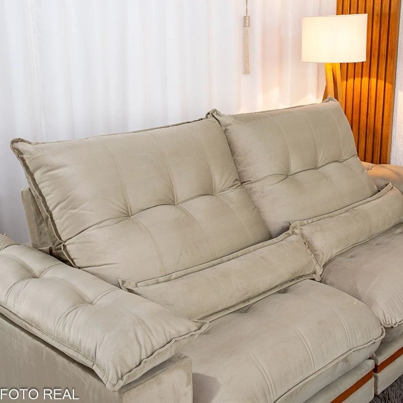 Sofá Retrátil Reclinável Ibis 2.30m Veludo Bege 818 D33 e Molas Ensacadas - Imagem 6