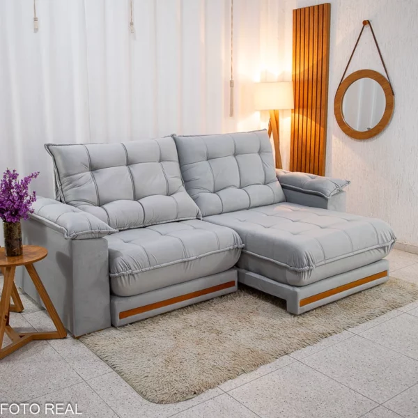 Sofá Retrátil Reclinável Barcelona 2.30m Veludo Prata 321- D33 e Molas Ensacadas