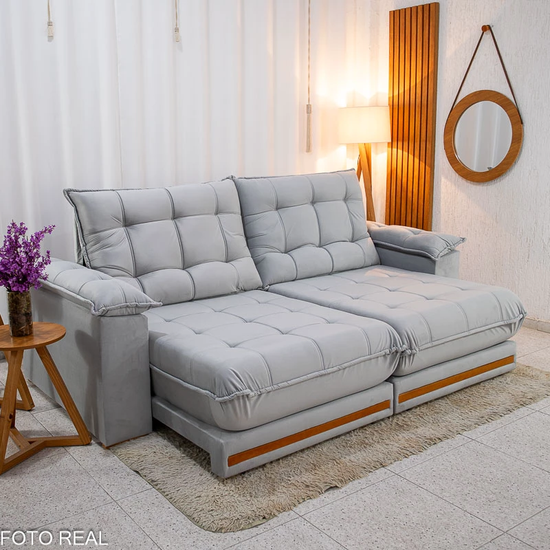 Sofá Retrátil Reclinável Barcelona 2.30m Veludo Prata 321- D33 e Molas Ensacadas - Imagem 4