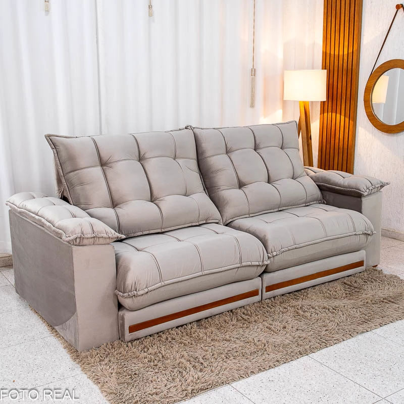 Sofá Retrátil Reclinável Barcelona 2.30m Veludo Cinza 319 - D33 e Molas Ensacadas - Imagem 6
