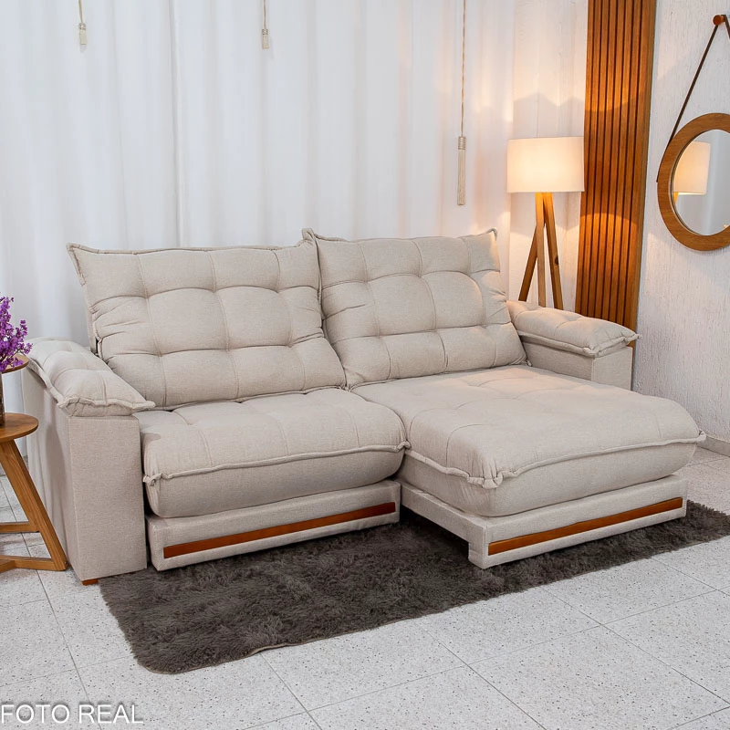 Sofá Retrátil Reclinável Barcelona 2.30m Linho Bege 459 - D33 e Molas Ensacadas Pocket