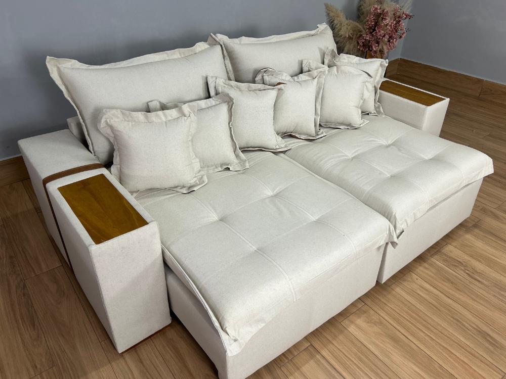 Sofá Retrátil Reclinável Gabriela 2.30m Molas Ensacadas - Espuma D33 Bege Linho - Imagem 6