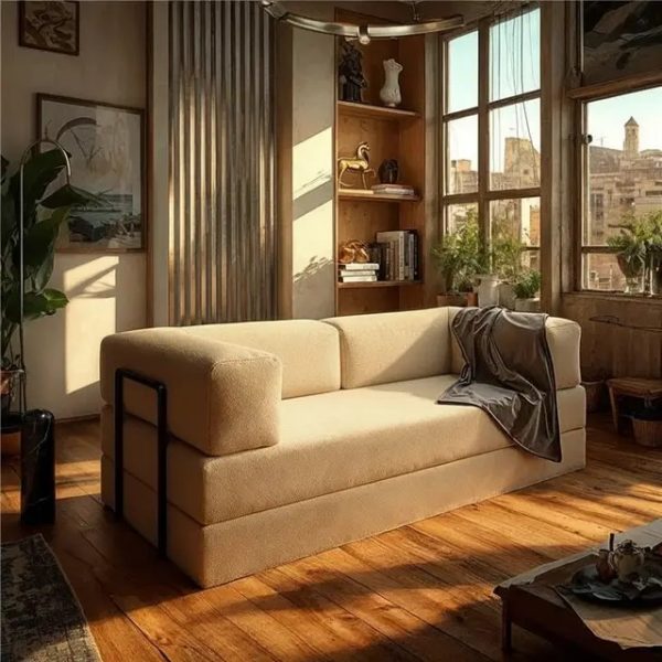 Sofá Cama Itália na Caixa c/ Espuma D33 Expansiva Bege Boucle