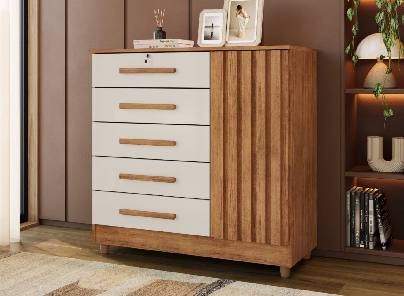 Cômoda Mary 5 Gavetas 1 Porta Ripada Cedro/Areia