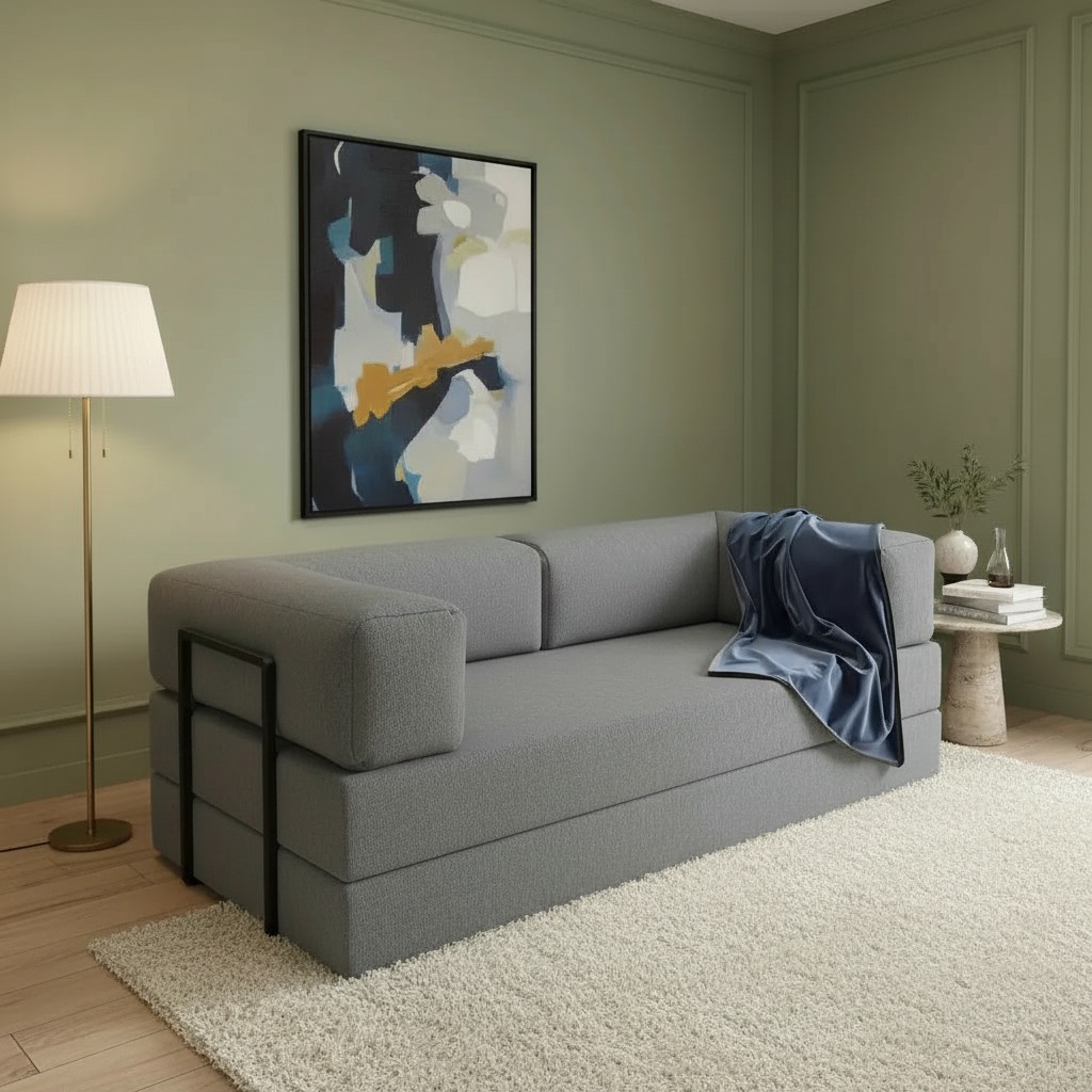 Sofá Cama Itália na Caixa c/ Espuma D33 Expansiva Cinza Boucle