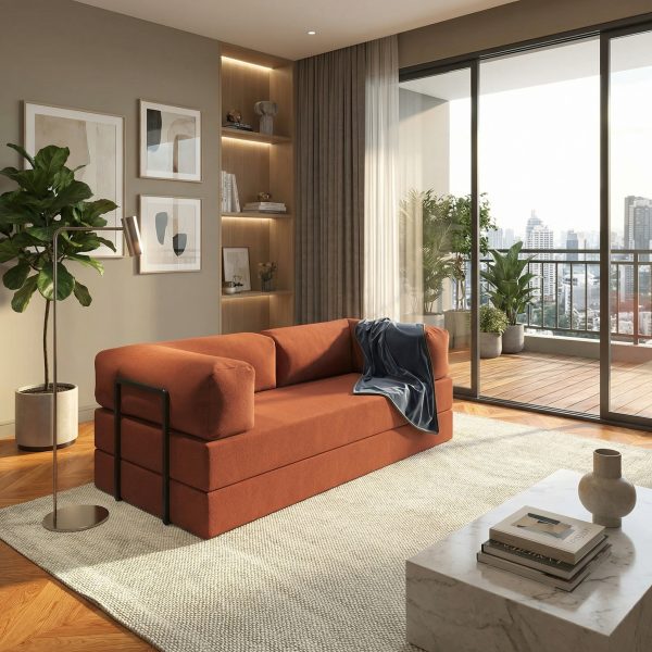 Sofá Cama Itália na Caixa c/ Espuma D33 Expansiva Terracota Boucle