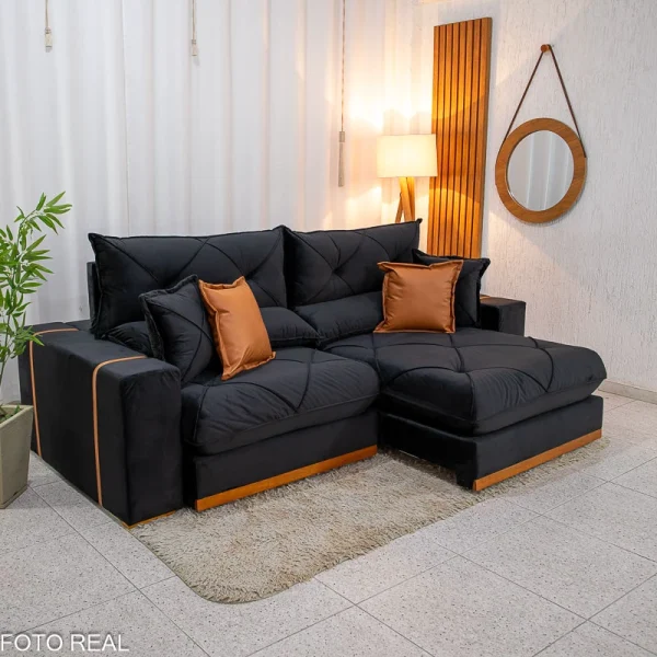 Sofá Retrátil Reclinável Gran Bello 2.30m Veludo Preto 21 - Molas Ensacadas Pocket