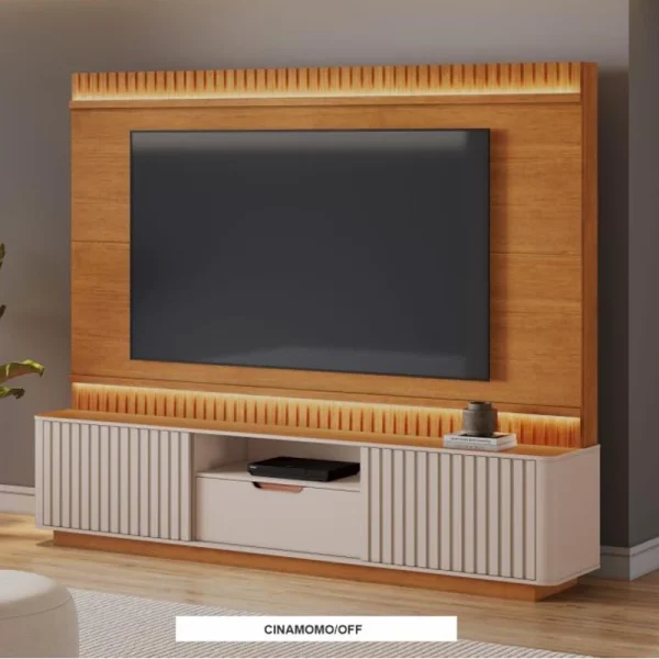 Home Atena Candian Larg. 2.10m Off White/Cinamomo C/Detalhe Ripado e Luminárias em LED - JCM