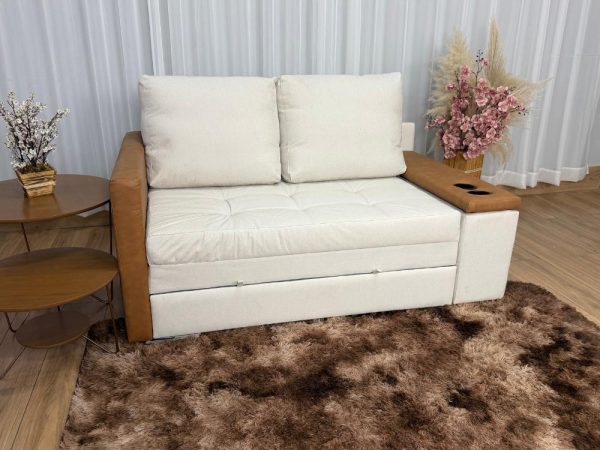 Sofa Cama Anis 1.60m Com Baú no Braço – Bege Linho/Marrom Courino