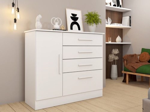 Cômoda Sapateira Chicago Larg. 1.04m 4 Gavetas 1 Porta Tcil – Branco